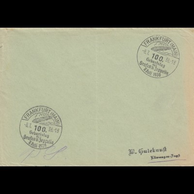Postsache Kuvert 1938: Frankfurt/Main: Geburtstag des Grafen von Zeppelin