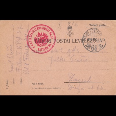 Tabori Postai Levelezolap FPNr. 68 nach Zagreb 1915