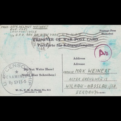 PoW - Post card New York to Wilkau-Hasslau, 2x censor, US+OKW