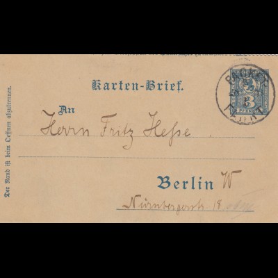 Kartenbrief/Ganzsache Packet Fahrt Berlin 1898