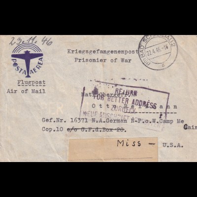 Bad Schandau: PoW, Flugpost nach USA Camp Mc Cain und zurück 1946