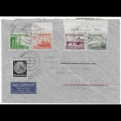 Luftpost 1938 Mannheim/Ludwigshafen - Südafrika/Kapstadt-Sondermarken Oberrand