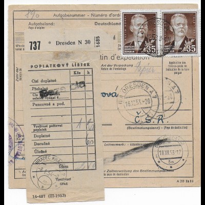 Paketkarte Dresden in die CSSR, 1953
