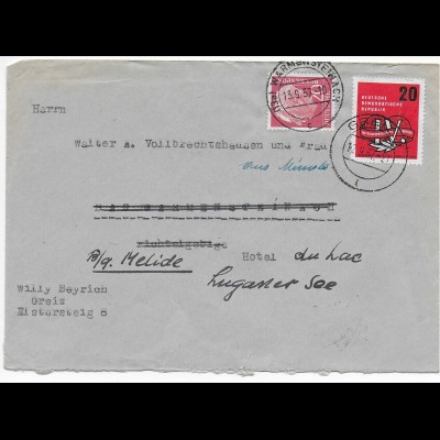 Brief 1957 von Greiz nach Warmensteinach, Weiterleitung nach Melide, Luganer See