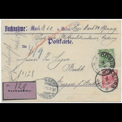 Nachnahme Postkarte Coburg 1899 nach Engen