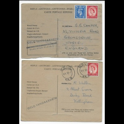2x Antwortkarte Oslo nach Nottigham, 1953, Oslo Vandrerheim - Hotel