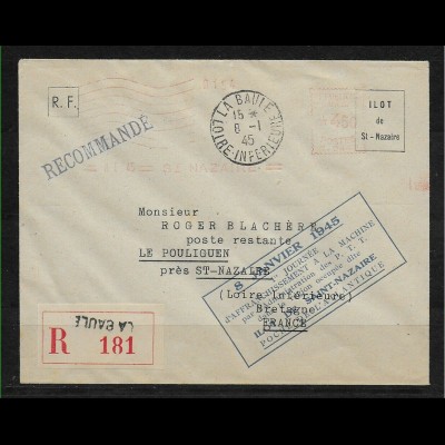 Einschreiben La Loire Inferieure, Baule, 8.1.1945 nach St. Nazaire