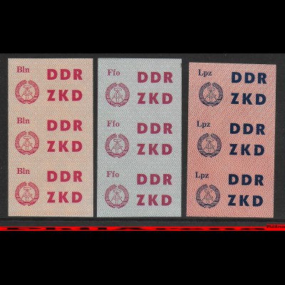 DDR ZKD: MiNr. 1U, 5U, 9U jeweils im 3er Streifen, postfrisch, **