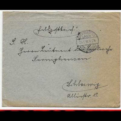 Feldpost I. WK, 1916: Lockstedter Lager, Holstein nach Schleswig mit Textinhalt