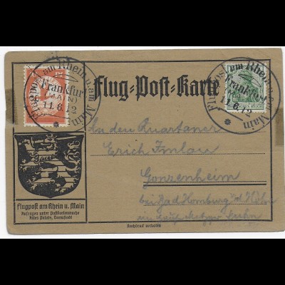 Flug-Post-Karte: Flugpost am Rhein, Sonderstempel Frankfurt nach Gonzenheim 1912