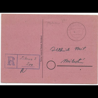 1945 Einschreiben Liberec : Deutscher B&M Einlieferungsschein verschickt