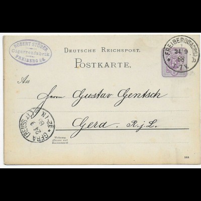 Ganzsache Freiberg/Sachsen nach Gera, Zigarrenfabrik, 1888