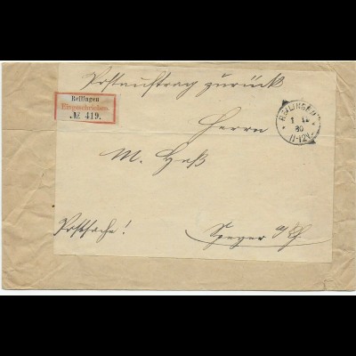Einschreiben Reilingen, alter R-Zettel, 1880 als Postsache, Postauftrag - Speyer