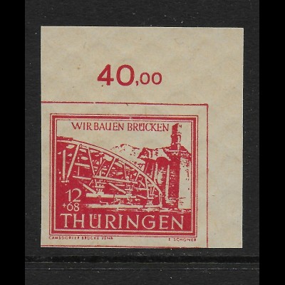 Thüringen: Eckrand MiNr. 113 by, postfrisch, ** BPP geprüft