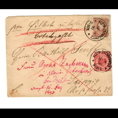 Brief 1890 aus Klein Zschmachwitz nach Leipzig, Eilboten, Ausgabenmix