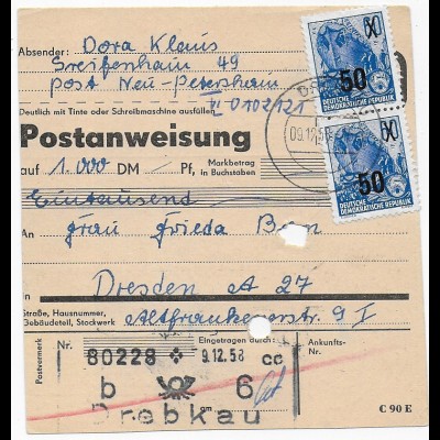 Postanweisung Drebkau nach Dresden, 1958