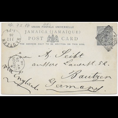 Post card 1886 from Kingston Jamaica to Bautzen/Germany via London
