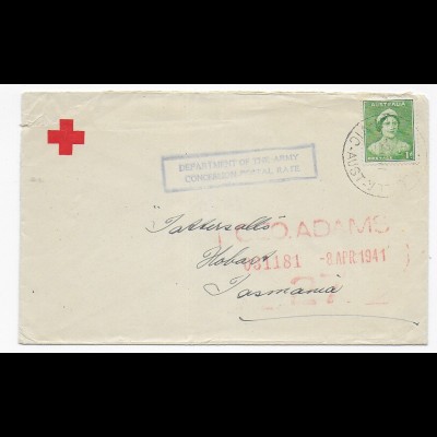 Red Cross, 1941, Army Concession postal rate to Tasmania