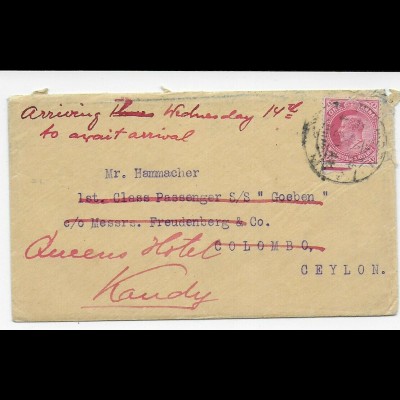 Cover incl. letter, Aden-Arabia: 1914 to S/S Goeben, Colombo, Ceylon