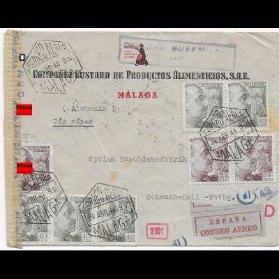 Brief Malaga 1944 nach Schwäbisch Hall, Zensur OKW