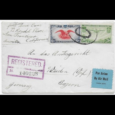 San Francisco, registered, air mail to Weiden/Germany 1939 