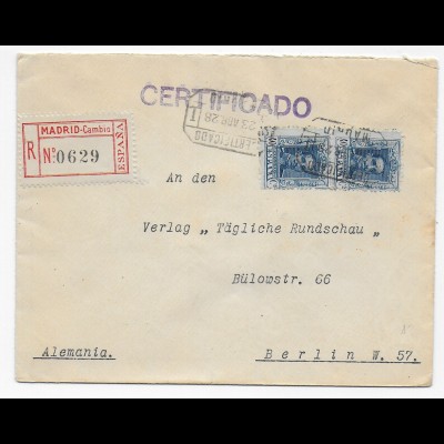 Einschreiben Madrid nach Berlin, 1928, Certificado