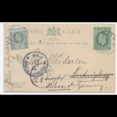 post card Fiji Suva 1905 to Ludwigsburg, forwarded to Ulm with Answer card
