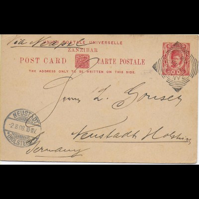 Post card 1908 Zanzibar to Neustadt/Holstein