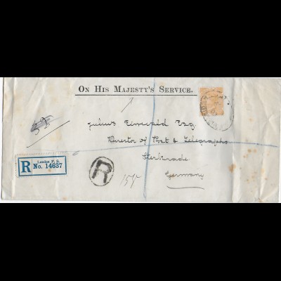 cover from Jamaica, Registered London to Germany Director Post & Telegraphs 1907