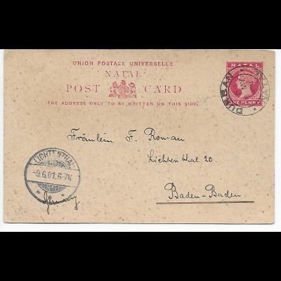Picture Post card Natal Durban to Lichtenthal, Baden-Baden 1901