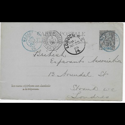 Post card Madagascar to Londre, 1905, Esperanto Gesellschaft
