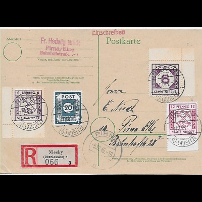 Postkarte Einschreiben Niesky 1945 nach Pirna