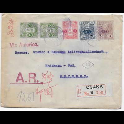 Osaka Einschreiben 1922 mit Rückschein nach Heidenau