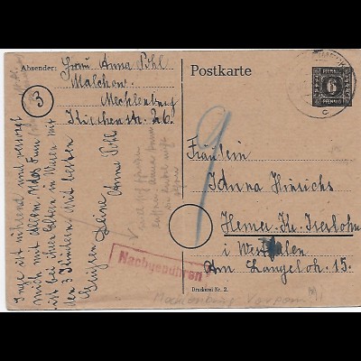 Ganzsache MiNr. P7, Malschow nach Hemer, Nachgebühr 1946