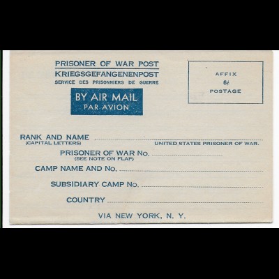 Formular: Prisoner of War, Kriegsgefangenenpost: Kgf POW - via New York