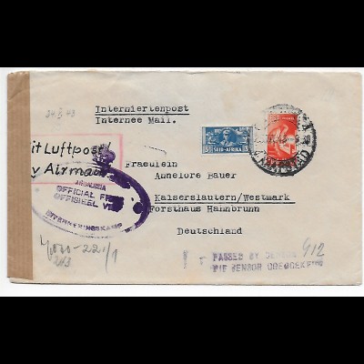 Interniertenpost Südafrika, 1943 Andalusia/Transvaal - Kaiserslautern, Zensur