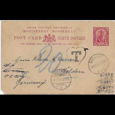 post card Monserrat /Barbados nach Geldern, Taxe - Nachgebühr 1906