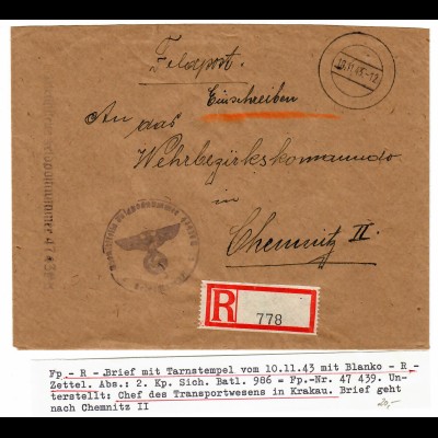 GG: Feldpost Einschreiben Blanko R-Zettel 1943, Kp. Sich. Batl. 986, FPNr. 47439