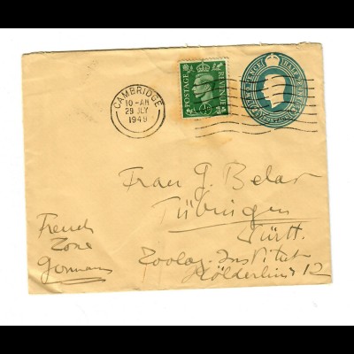 Brief aus Cambridge 1949 nach Tübingen: Zoologisches Institut