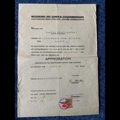 GG: große Approbation Urkunde Milanow/Radzyn/Krakau 1941, Gebührenmarke