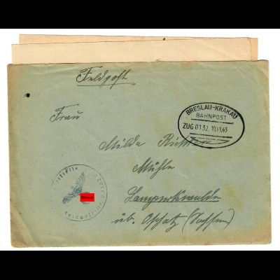 GG Bahnpoststempel: FP Brief Breslau-Krakau, Zug Nr. 132