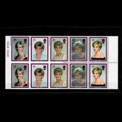 GB: DIANA 1997, block of ten, part imperf with margins on two sides, scarce, **