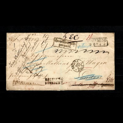 1863: Envelope stampless from Dortmund to London, redirected tax remarks, fine