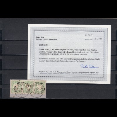 MiNr. 22 Xc, 3er Streifen, Briefstück, gestempelt Nürnberg 1870, BPP Befund