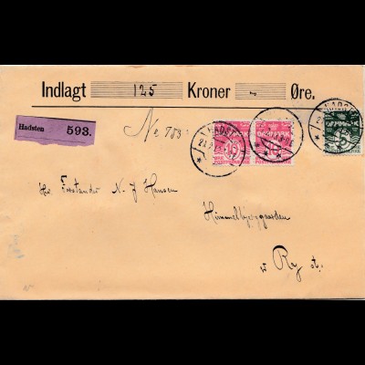 Dänemark: 1913: Wertbrief Hadsten nach Ry