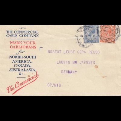 England: 1926: Letter to Germany-Comercial Cable-Wormwood