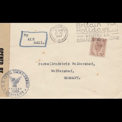 England: 1947: London nach Waldershof/Deutschland - Censor - Perfin