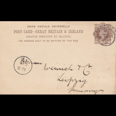 England: 1885: Ganzsache - Perfin - London nach Leipzig