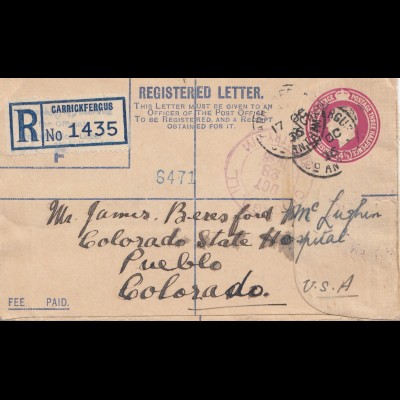 Irland: 1936: Ganzsache Registered Carrickfergus nach USA