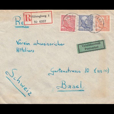 Schweden: 1950: Einschreiben Hälsingborg nach Basel, Devisenkontrolle